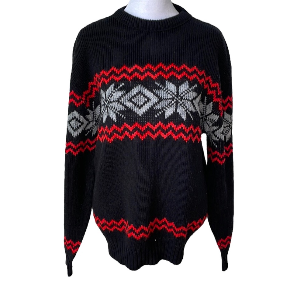 Vintage Black Red Gray Oversized Snowflake Print Crewneck Sweater Size Large